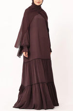 Load image into Gallery viewer, Modest Tiered Maxi Dress in Deep Plum – Elegant Long Sleeve Abaya Style