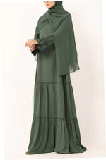 Load image into Gallery viewer, Olive Green Tiered Abaya Dress – Modest Ruffle Maxi Dress with Sleeves abaya