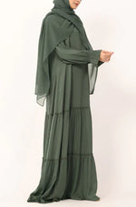 Load image into Gallery viewer, Olive Green Tiered Abaya Dress – Modest Ruffle Maxi Dress with Sleeves abaya