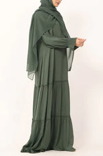 Load image into Gallery viewer, Olive Green Tiered Abaya Dress – Modest Ruffle Maxi Dress with Sleeves abaya
