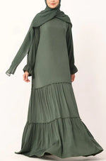 Load image into Gallery viewer, Olive Green Tiered Abaya Dress – Modest Ruffle Maxi Dress with Sleeves abaya