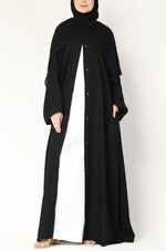 Load image into Gallery viewer, Black Layered Open Abaya with Snap Buttons – Modest Long Sleeve Abaya