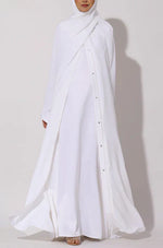 Load image into Gallery viewer, Elegant White Modest Maxi Dress with Detachable Overlay – Long Sleeve Abaya Style