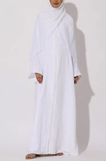 Load image into Gallery viewer, Elegant White Modest Maxi Dress with Detachable Overlay – Long Sleeve Abaya Style