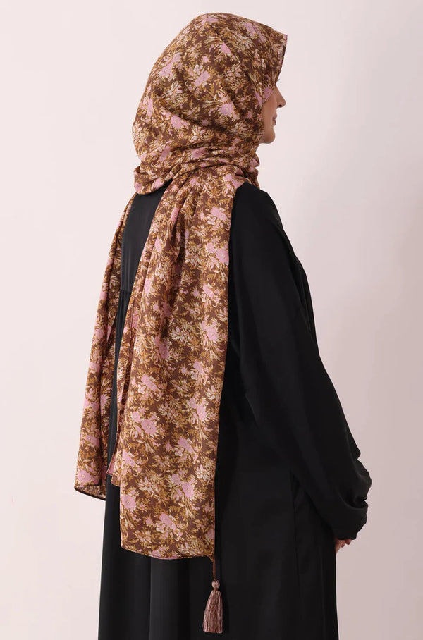 Brown Pink Flora Print Modal Hijab In