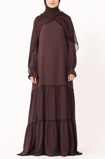 Load image into Gallery viewer, Modest Tiered Maxi Dress in Deep Plum – Elegant Long Sleeve Abaya Style