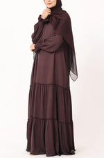 Load image into Gallery viewer, Modest Tiered Maxi Dress in Deep Plum – Elegant Long Sleeve Abaya Style