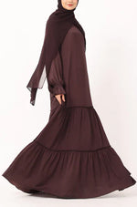 Load image into Gallery viewer, Modest Tiered Maxi Dress in Deep Plum – Elegant Long Sleeve Abaya Style